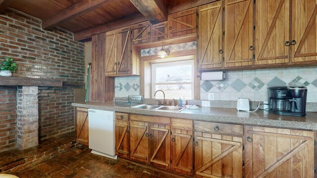 kitchen featuring beam ceiling, sink, brick wall, backsplash, and white dishwasher