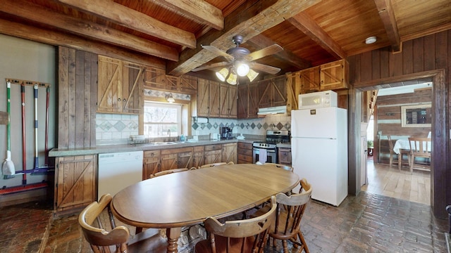 kitchen with white appliances, wooden ceiling, wooden walls, decorative backsplash, and ceiling fan