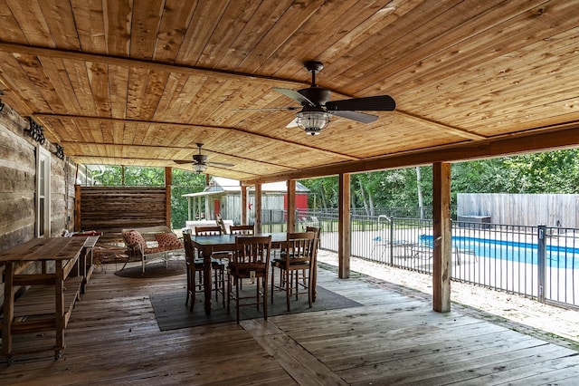 deck featuring a fenced in pool and ceiling fan