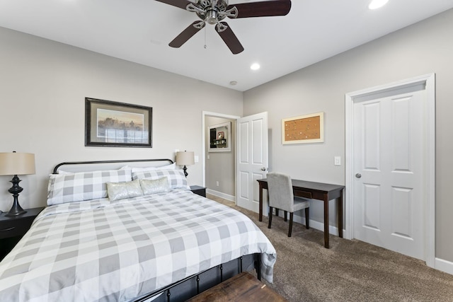 carpeted bedroom featuring ceiling fan