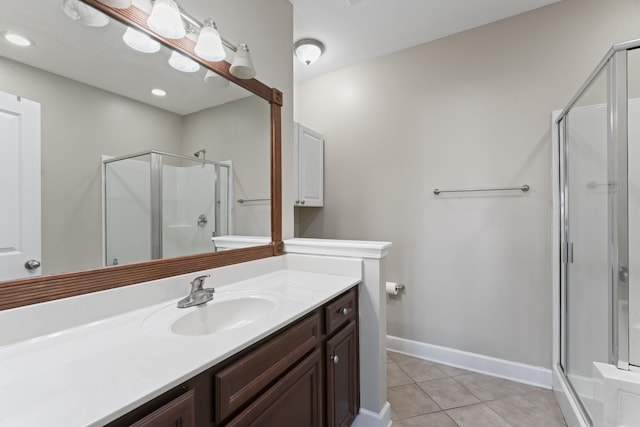 bathroom featuring tile patterned floors, vanity, and a shower with shower door