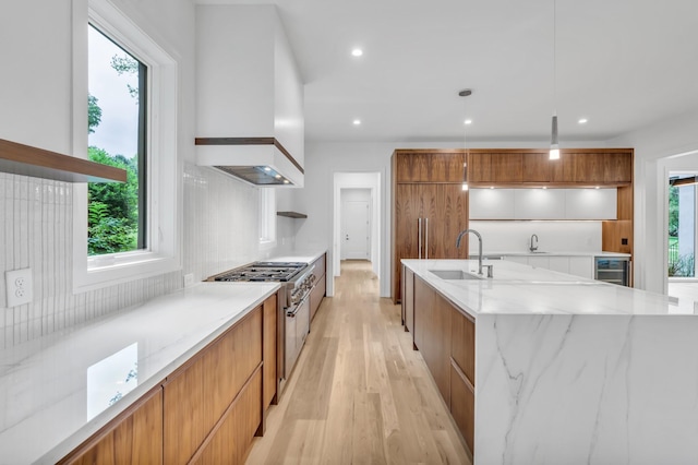 kitchen with appliances with stainless steel finishes, plenty of natural light, a spacious island, and sink