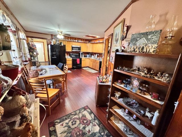 interior space with ceiling fan and dark hardwood / wood-style flooring