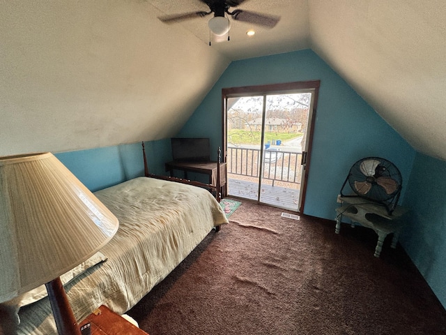 bedroom with ceiling fan, lofted ceiling, carpet floors, and access to outside