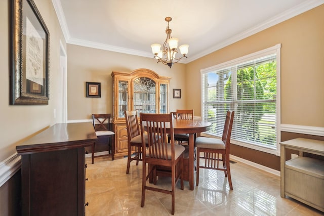 dining space featuring ornamental molding, light tile patterned floors, and a chandelier