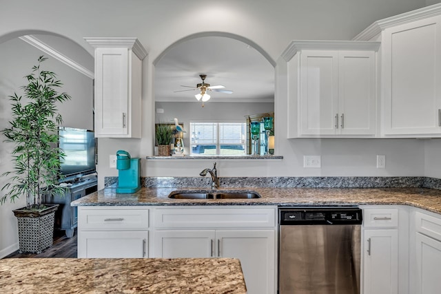 kitchen with ceiling fan, dishwasher, sink, white cabinets, and ornamental molding