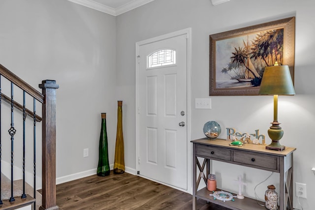 entryway featuring crown molding and dark wood-type flooring