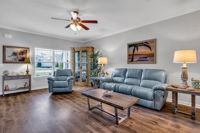 living room featuring ceiling fan, dark wood-type flooring, and ornamental molding