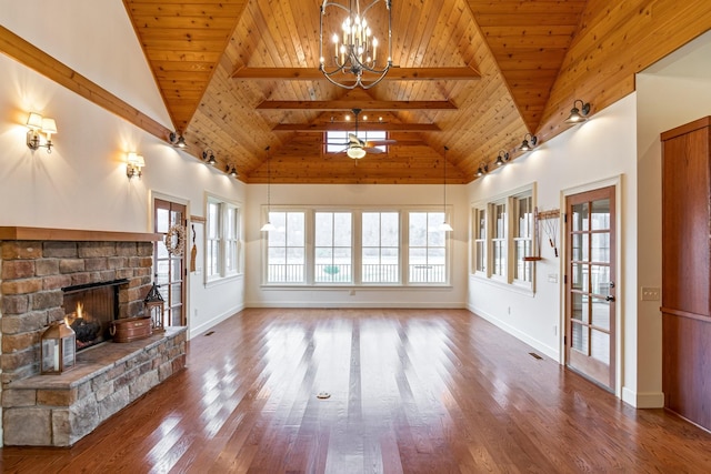 unfurnished living room featuring hardwood / wood-style flooring, wood ceiling, a fireplace, and high vaulted ceiling