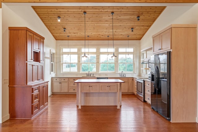 kitchen featuring refrigerator with ice dispenser, a center island, electric stove, and wooden ceiling