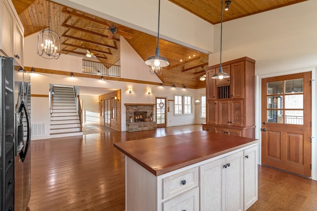 kitchen with high vaulted ceiling, a kitchen island, hanging light fixtures, and wooden ceiling