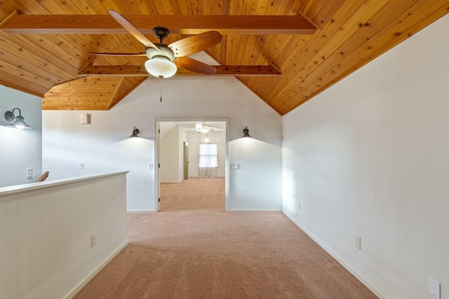 carpeted spare room featuring vaulted ceiling with beams, ceiling fan, and wooden ceiling