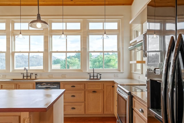 kitchen with appliances with stainless steel finishes, extractor fan, pendant lighting, and sink