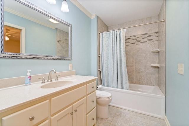 full bathroom with toilet, vanity, shower / tub combo with curtain, and ornamental molding