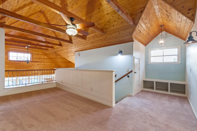 unfurnished room with lofted ceiling with beams, wooden ceiling, and wooden walls