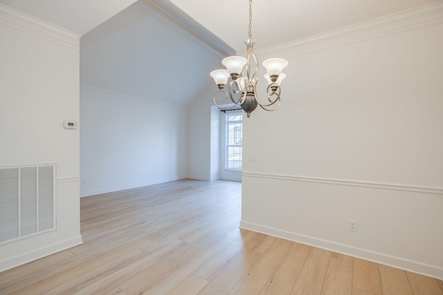 unfurnished room featuring ornamental molding, light hardwood / wood-style flooring, lofted ceiling with beams, and a notable chandelier