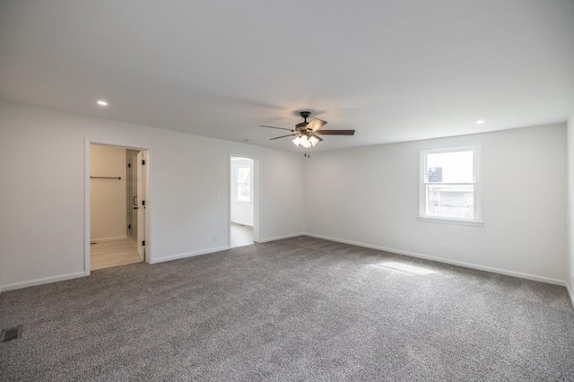 empty room featuring recessed lighting, baseboards, carpet floors, and ceiling fan