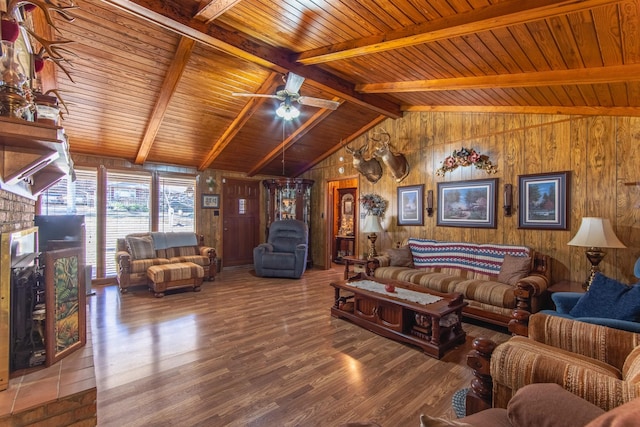 living room featuring ceiling fan, wooden ceiling, lofted ceiling with beams, wood walls, and wood-type flooring