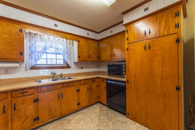 kitchen featuring black appliances, sink, decorative backsplash, ornamental molding, and light tile patterned flooring