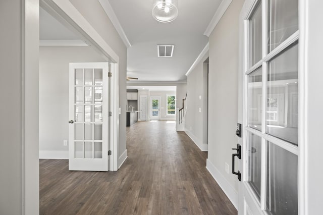 hallway featuring crown molding and dark hardwood / wood-style floors