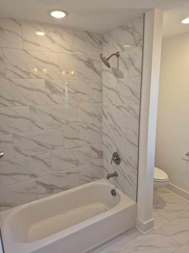 full bath featuring marble finish floor, recessed lighting, toilet, tub / shower combination, and baseboards