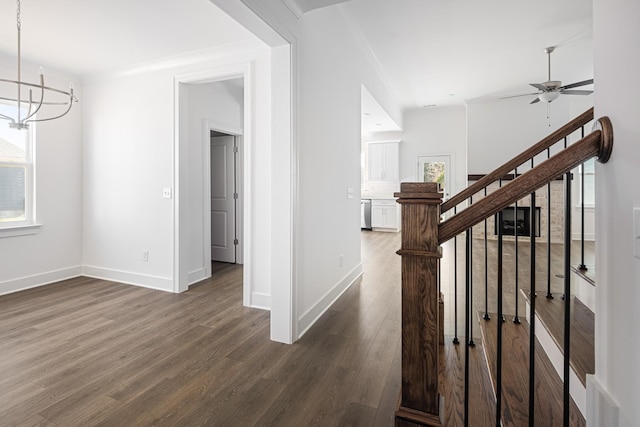 corridor featuring a healthy amount of sunlight, stairs, baseboards, and dark wood-type flooring