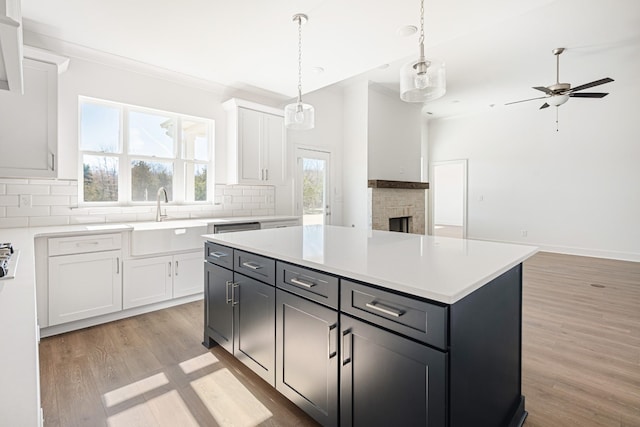 kitchen with light wood-style flooring, a sink, white cabinetry, light countertops, and backsplash