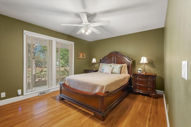 bedroom featuring ceiling fan and light hardwood / wood-style floors