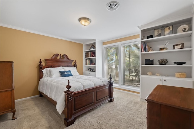 carpeted bedroom with access to outside and crown molding