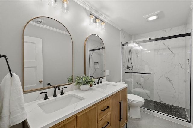 bathroom featuring walk in shower, tile patterned floors, crown molding, toilet, and vanity