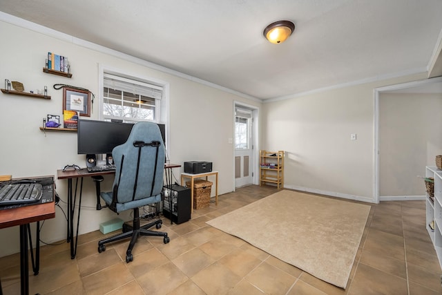 tiled office featuring ornamental molding