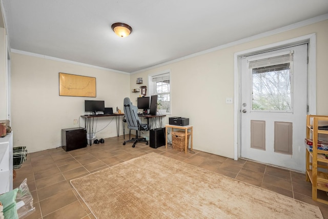 tiled office space with ornamental molding