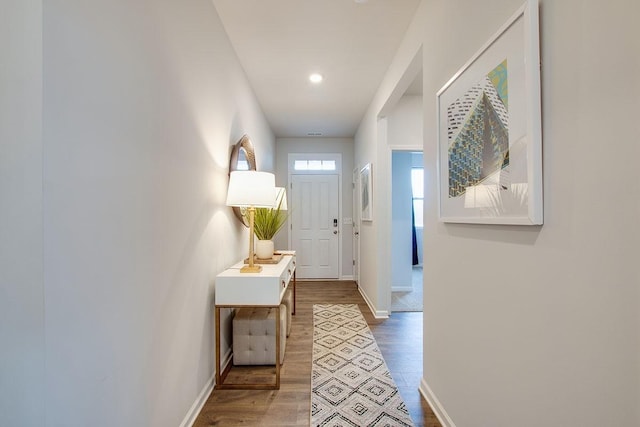 entryway with wood-type flooring