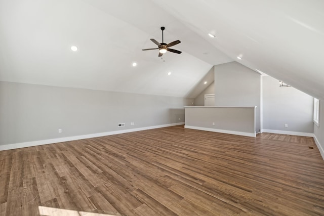 bonus room featuring wood-type flooring, ceiling fan, and lofted ceiling