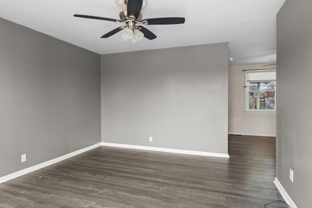 unfurnished room featuring ceiling fan and dark wood-type flooring