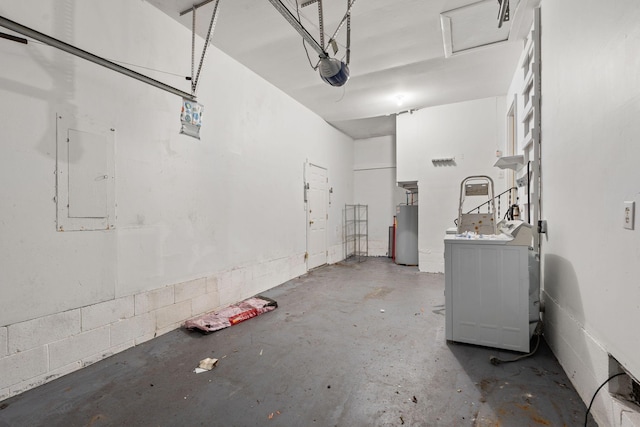 garage featuring electric panel, a garage door opener, and water heater