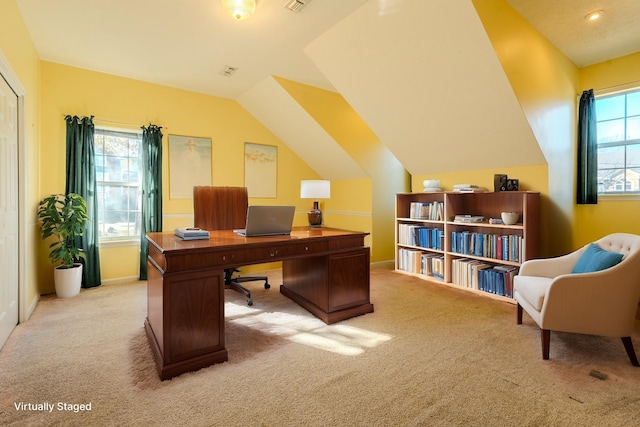 office featuring carpet floors and lofted ceiling