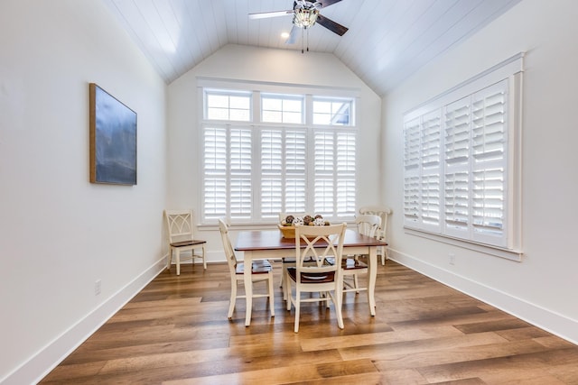 dining area with hardwood / wood-style floors, wooden ceiling, ceiling fan, and lofted ceiling