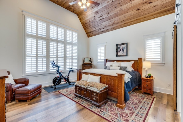 bedroom featuring wood ceiling, light hardwood / wood-style flooring, multiple windows, and ceiling fan