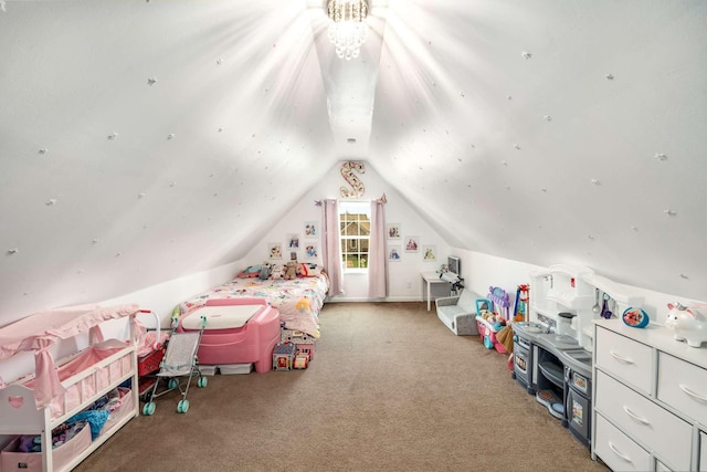 bedroom with lofted ceiling and carpet floors