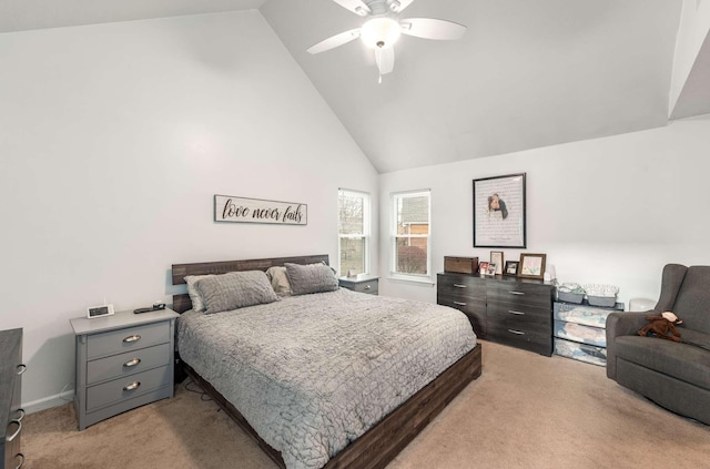 bedroom featuring light carpet, high vaulted ceiling, and ceiling fan