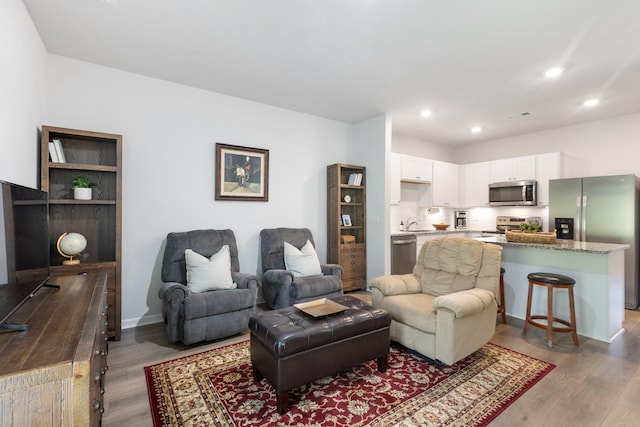 living room featuring sink and hardwood / wood-style flooring