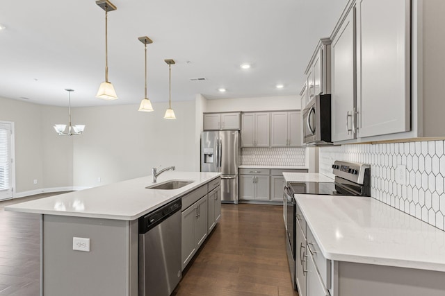 kitchen with decorative backsplash, appliances with stainless steel finishes, a kitchen island with sink, sink, and pendant lighting