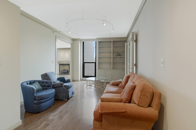 living room with crown molding, a fireplace, and light hardwood / wood-style floors