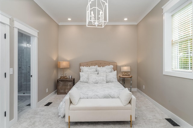 bedroom with a chandelier, ensuite bathroom, and crown molding