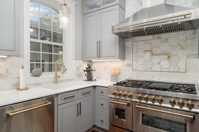 kitchen featuring sink, stainless steel appliances, tasteful backsplash, and wall chimney range hood