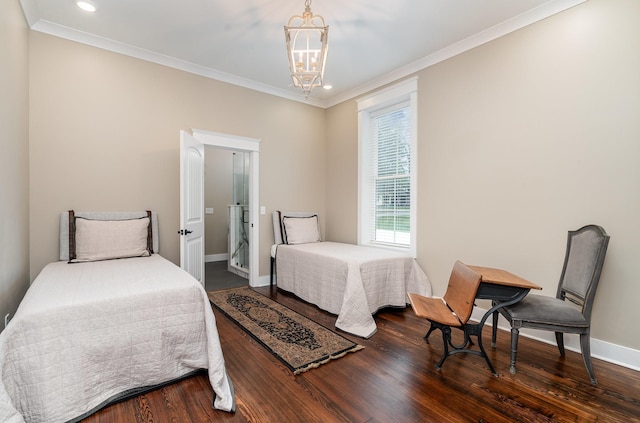 bedroom with dark hardwood / wood-style floors, crown molding, and a chandelier