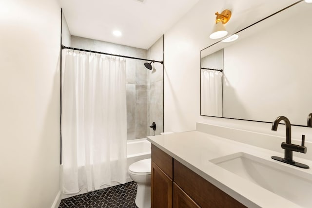 full bathroom featuring vanity, tile patterned flooring, shower / bathtub combination with curtain, and toilet