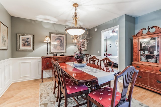 dining room with ceiling fan and light hardwood / wood-style flooring