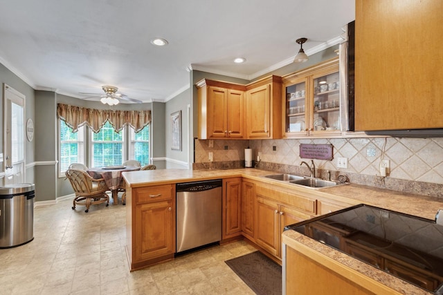 kitchen with dishwasher, crown molding, kitchen peninsula, and sink